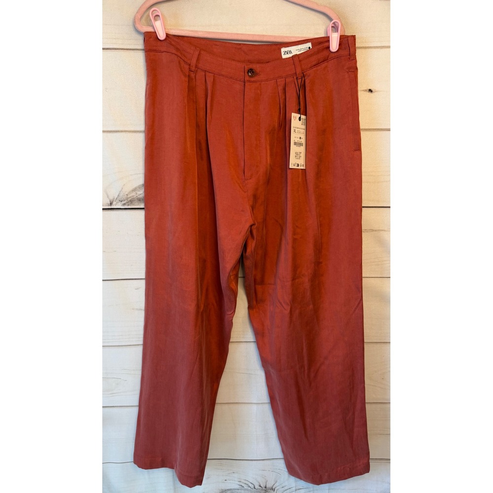 Zara Women XL Terracotta Rust Pleated High Waisted Straight Leg Pants 8074/404